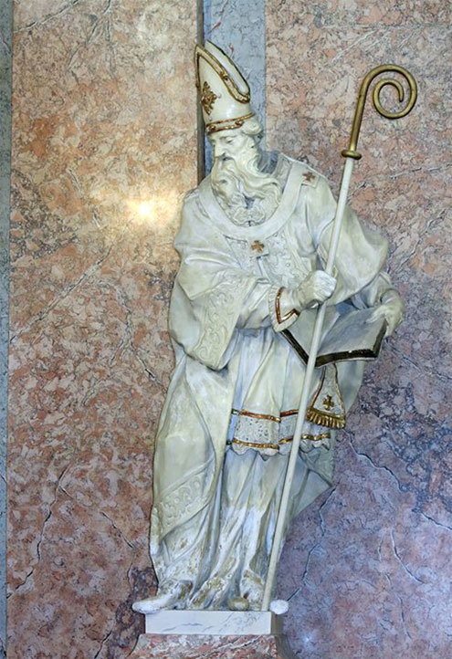 Das Bild zeigt die Statue des hl. Augustinus in der Kirche der Barmherzigen Brüder in Valtice Tschechien