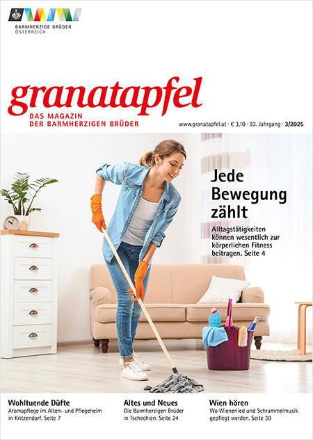 Das Cover des Granatapfel Magazins 3/2025 zeigt eine Frau, die den Boden aufwischt