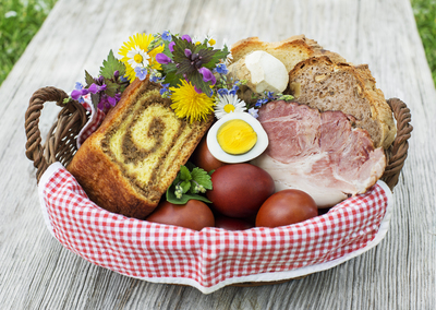 Easter traditional food with ham, eggs and bread in basket. Holidays background outdoor