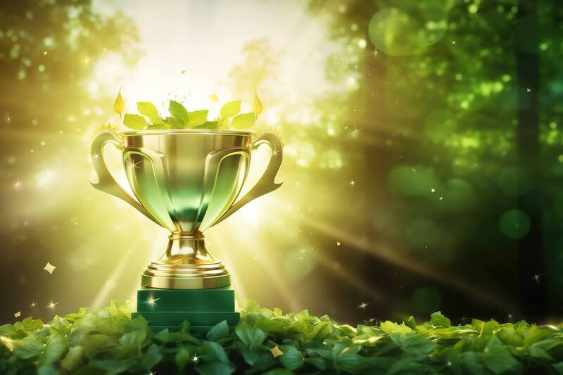 Generative AI, Winner trophy, green golden champion award cup with falling confetti on green background.	