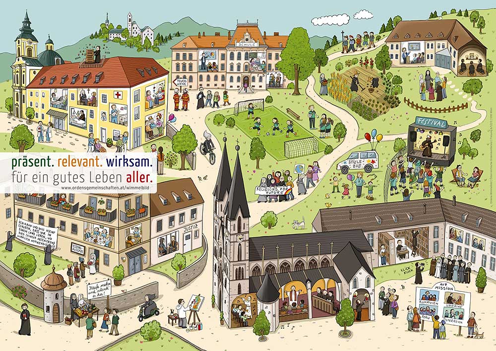 Ein Wimmelbild zeigt, wo Orden überall wirken / Ordensgemeinschaften / Evi Gasser Das Bild zeigt ein Wimmelbild, wo Orden überall wirken.