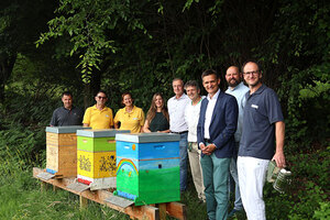 Gesamtleiter Frank Prassl mit dem Projektteam bei den Bienenstöcken