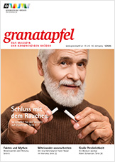 Das Cover des Granatapfel Magazins 1/2025 zeigt einen Mann, der eine Zigarette durchbricht.